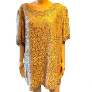 Vtg Candlelight&Champagne 100% Nylon Flower Embroidery Lace Blouse Women Sz 3X